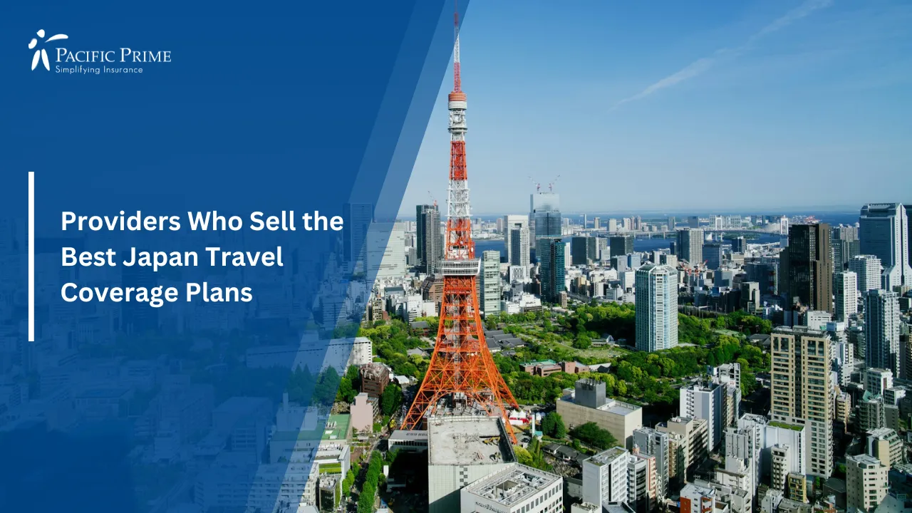 Image of Tokyo City Skyline With A Tall Observation Tower Rising Above Surrounding Buildings with text overlay of "Providers Who Sell the Best Japan Travel Coverage Plans"