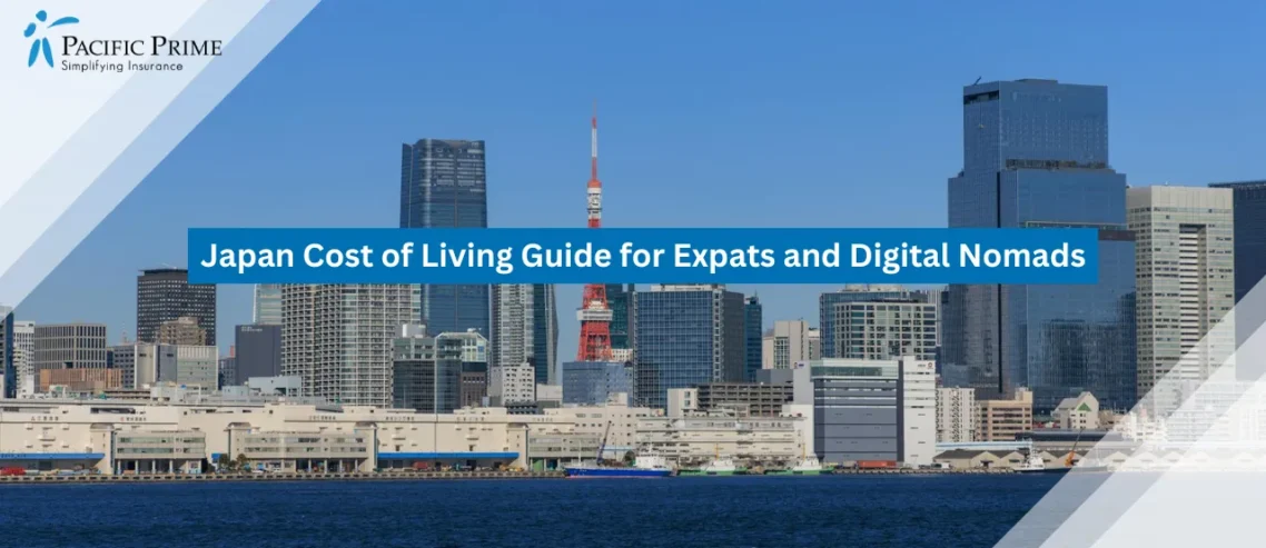 Image of Tokyo Skyline Featuring The Iconic Tokyo Tower At Dusk with text overlay of "Japan Cost of Living Guide for Expats and Digital Nomads"