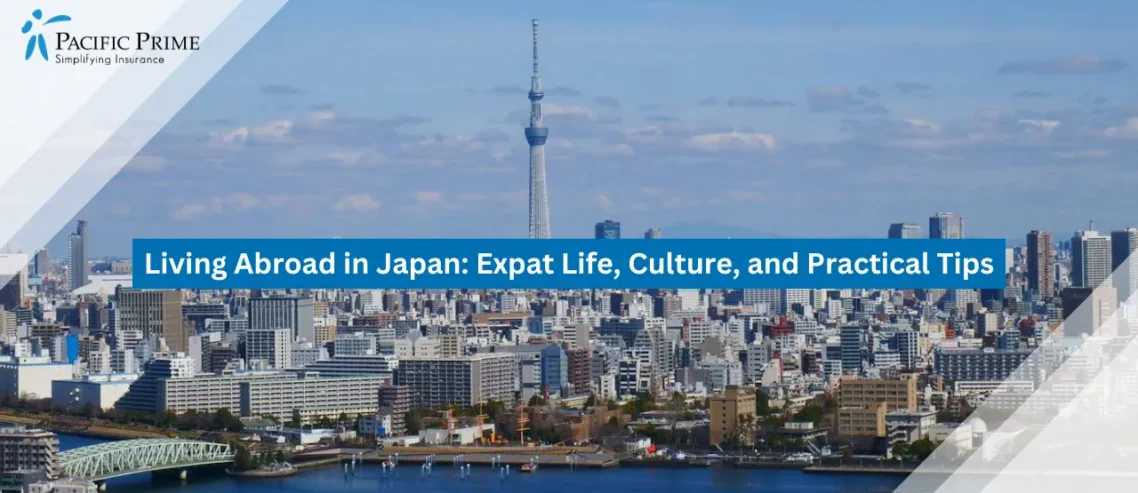Image of Tokyo Skyline With The Tokyo Skytree Towering Above City Buildings with text overlay of "Living Abroad in Japan: Expat Life, Culture, and Practical Tips"