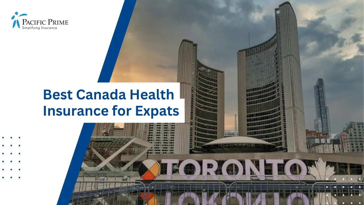 Image of Toronto City Buildings With Skyline View Under White Clouds with text overlay of "Best Canada Health Insurance for Expats"