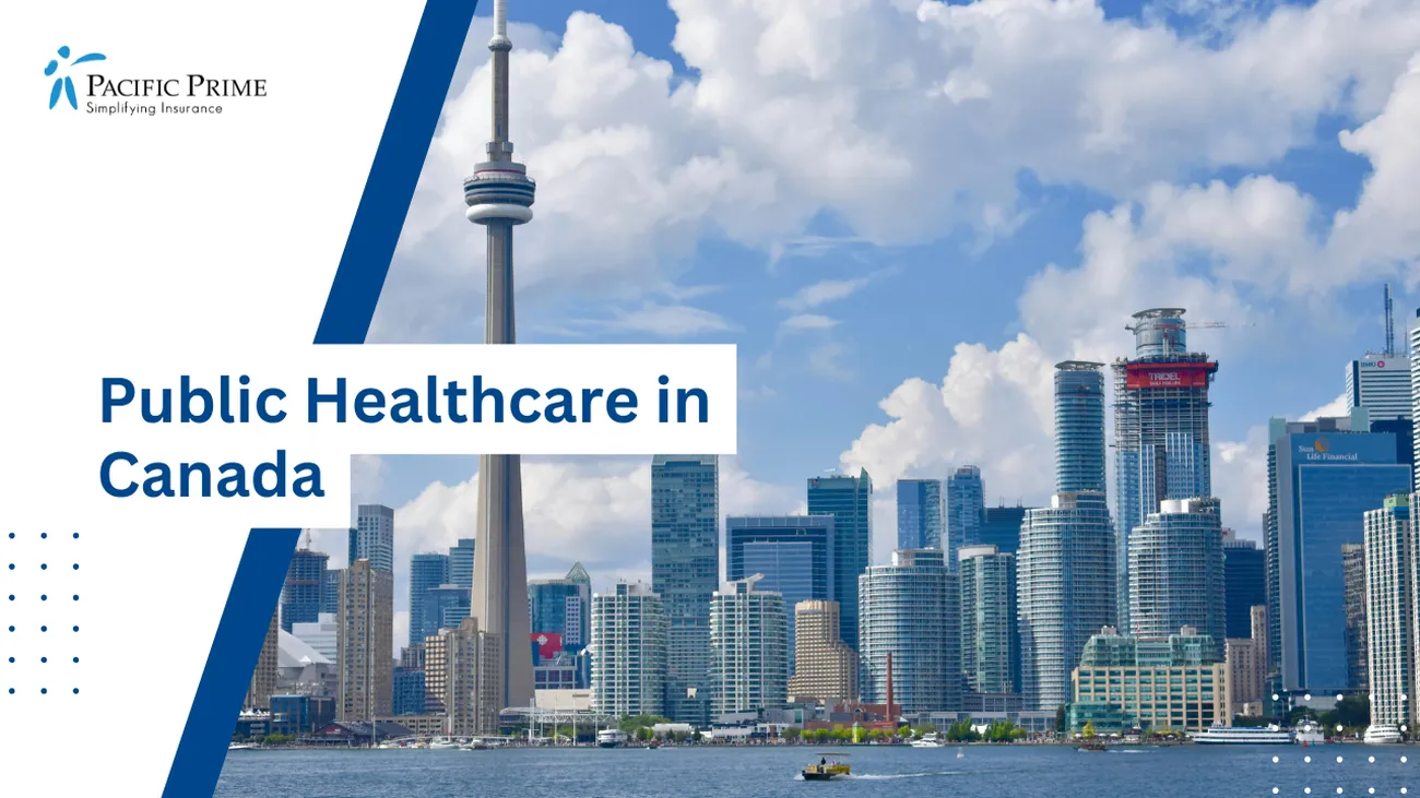 Image of Toronto Cityscape With Modern Buildings And Skyline View with text overlay of "Public Healthcare in Canada"