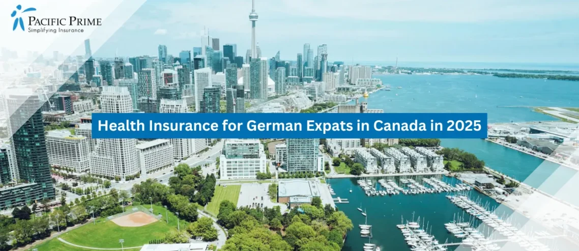 Image of Toronto Harbor With Modern Buildings And Docked Boats with text overlay of "Health Insurance for German Expats in Canada in 2025"