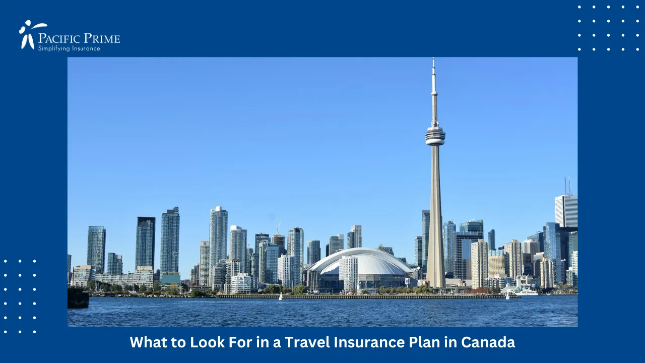 Image of Toronto Skyline Viewed Across The Water On A Clear Day with text overlay of "What to Look For in a Travel Insurance Plan in Canada"