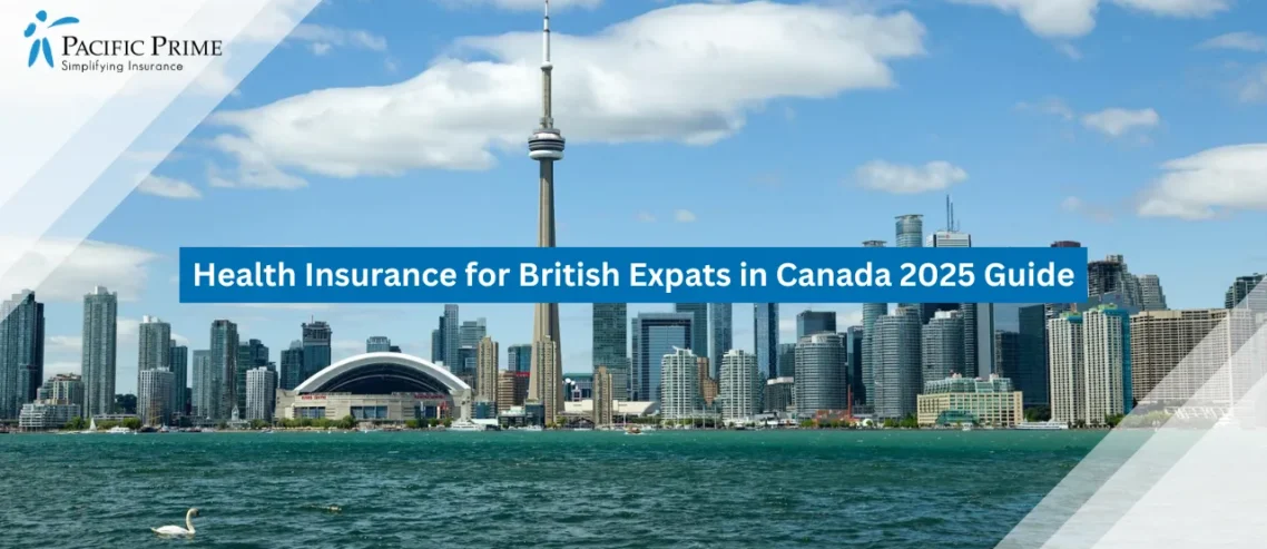 Image of Toronto Skyline With CN Tower And Waterfront Views with text overlay of "Health Insurance for British Expats in Canada 2025 Guide"