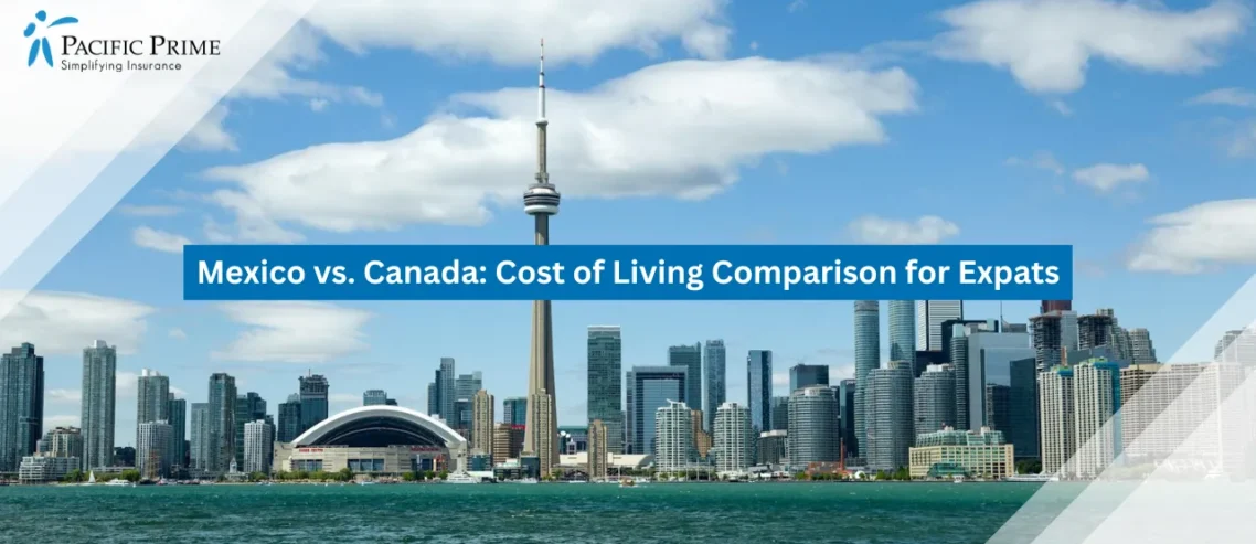 Image of Toronto Skyline With Cn Tower Under Clear Sky, Panoramic City View with text overlay of "Mexico vs. Canada: Cost of Living Comparison for Expats"