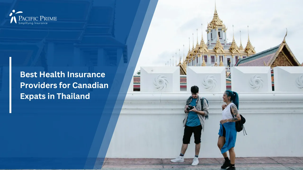 Image of Tourist Beside White Wall With Traditional Bangkok Architecture In View with text overlay of "Best Health Insurance Providers for Canadian Expats in Thailand"