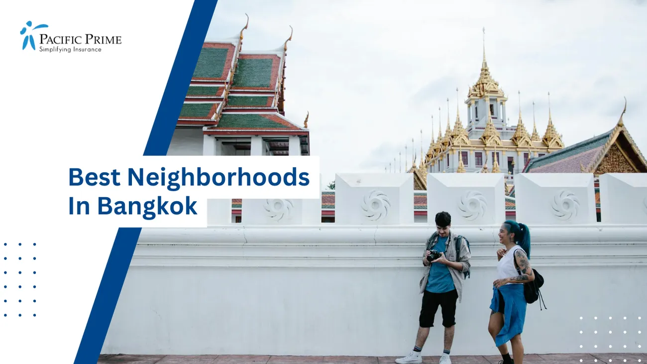 Image of Tourist By White Wall With Traditional Architecture In Bangkok, Thailand with text overlay of "Best Neighborhoods In Bangkok"
