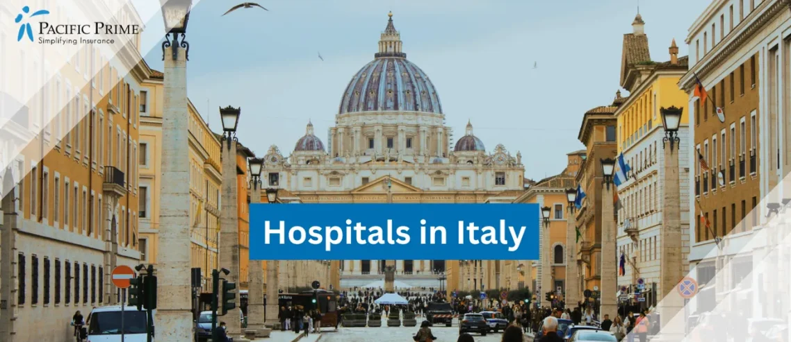 Image of Tourist Standing In Front Of St. Peter's Basilica In Rome, Italy with text overlay of "Hospitals in Italy"