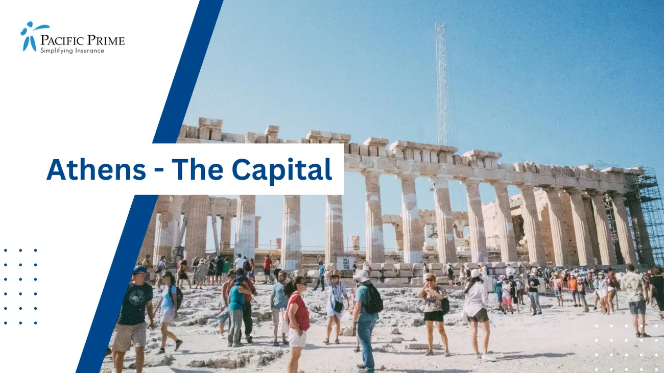 Image of Tourists At Athens' Acropolis Amid Historic Splendor with text overlay of "Athens - The Capital"