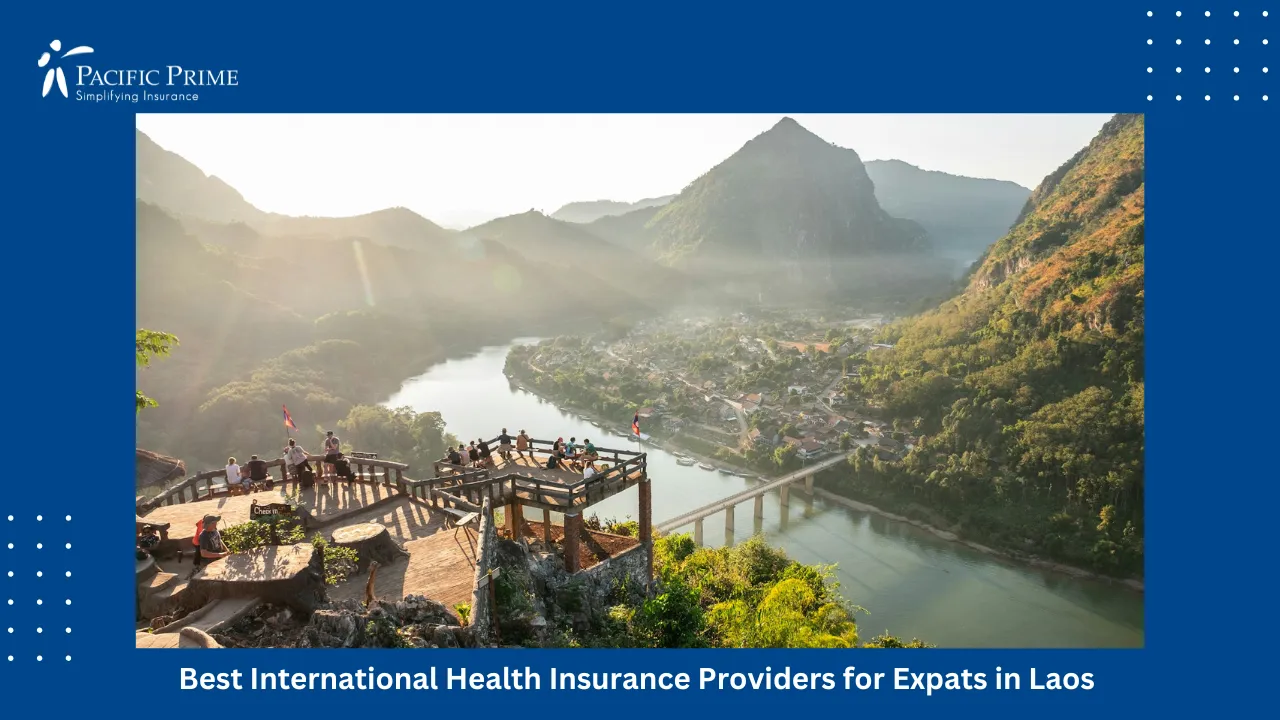 Image of Tourists Enjoying Mountain View In Nong Khiaw, Laos with text overlay of "Best International Health Insurance Providers for Expats in Laos"