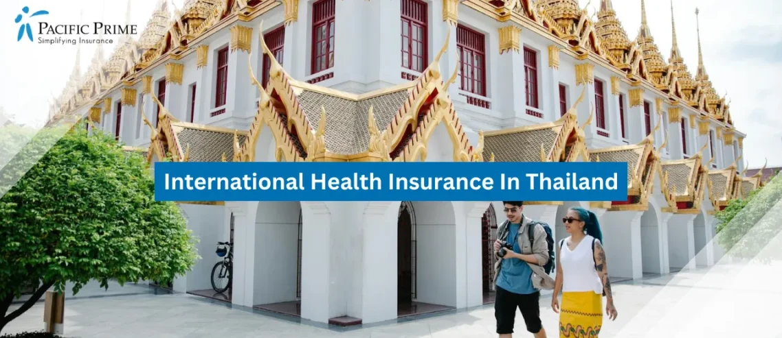Image of Tourists Exploring The Metal Castle Temple In Bangkok, Thailand with text overlay of "International Health Insurance In Thailand"