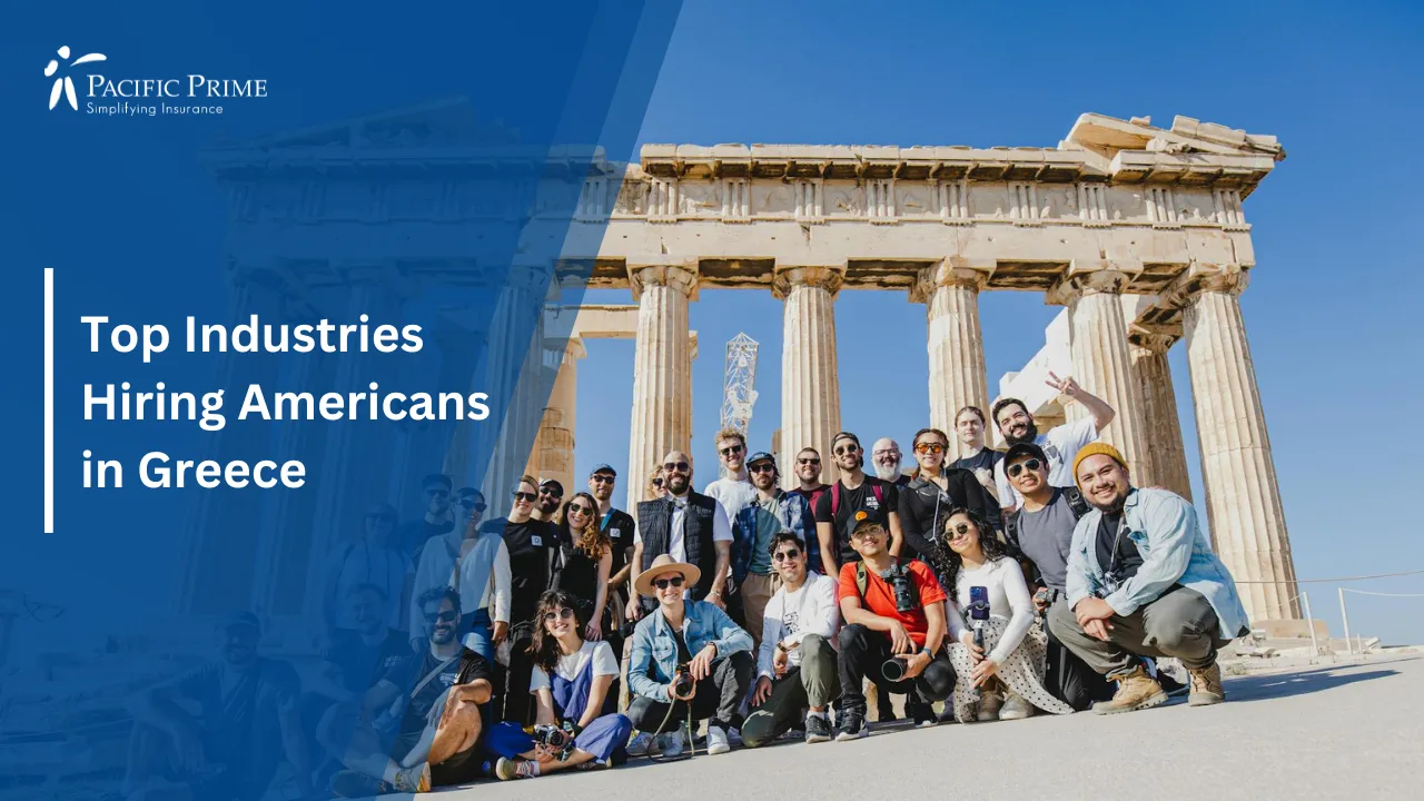 Image of Tourists Gathered Near The Parthenon In Athens Under Clear Skies with text overlay of "Top Industries Hiring Americans in Greece"