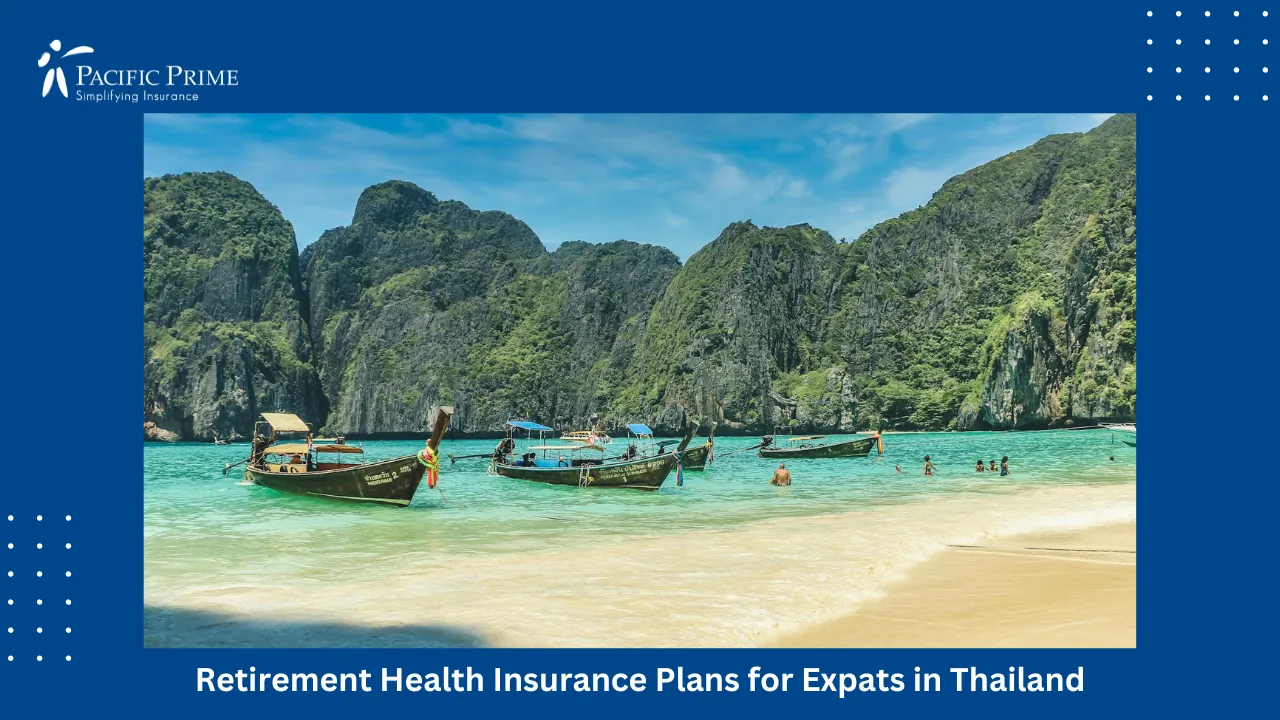 Image of Tourists On A Boat Near Sandy Beach At Phi Phi Islands In Krabi with text overlay of "Retirement Health Insurance Plans for Expats in Thailand"