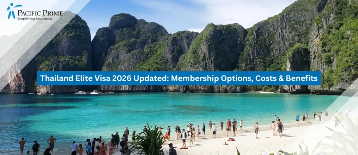 Image of Tourists Relaxing On White Sands At Maya Bay With Turquoise Sea Views with text overlay of "Thailand Elite Visa 2026 Updated: Membership Options, Costs & Benefits"