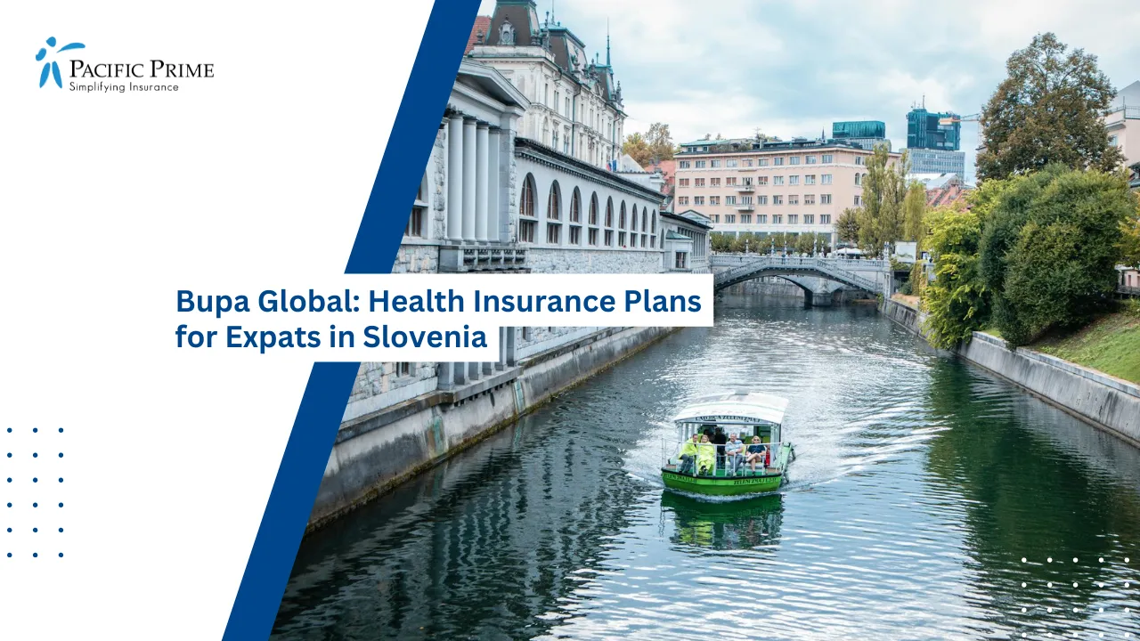 Image of Tourists Sailing On The Sava River In Ljubljana, Slovenia with text overlay of "Bupa Global: Health Insurance Plans for Expats in Slovenia"