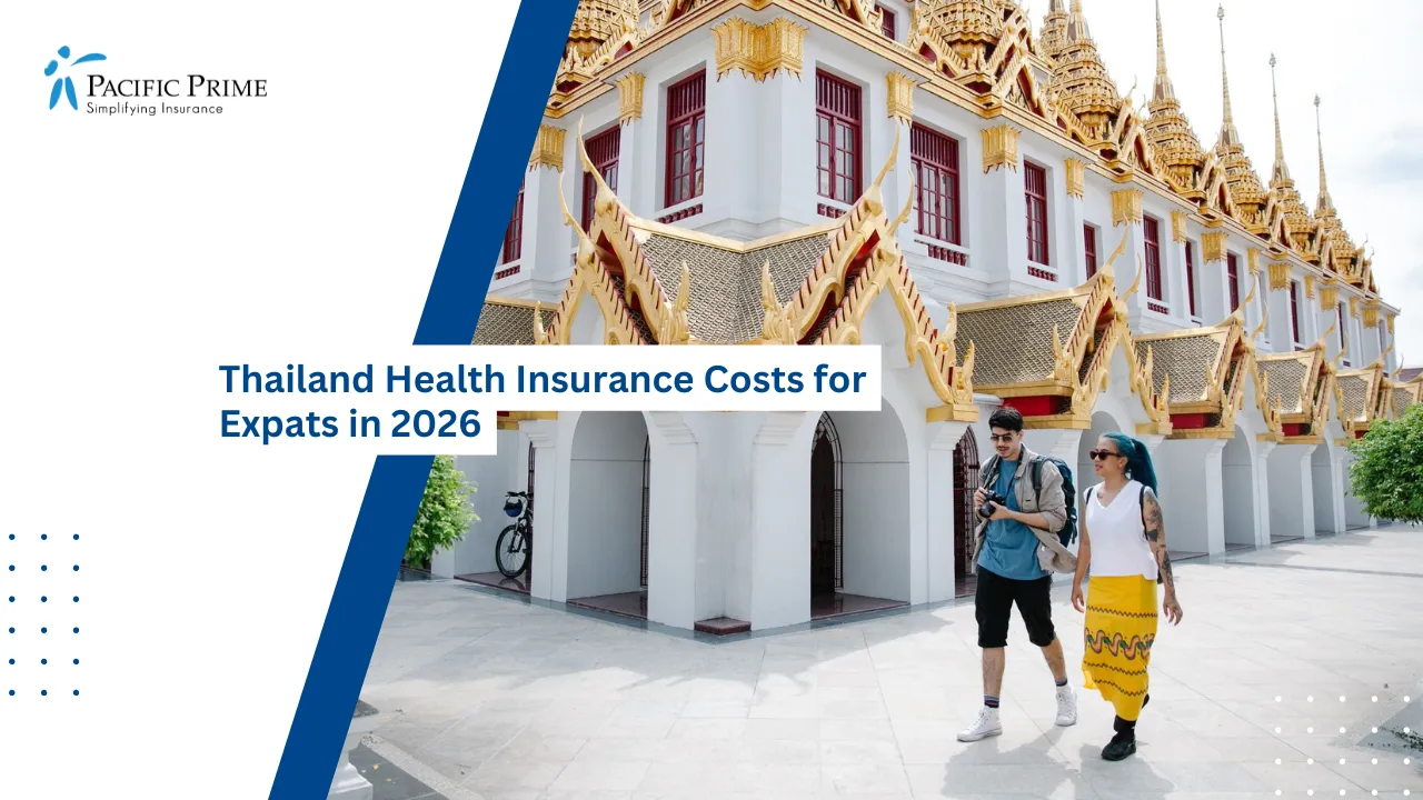 Image of Tourists Strolling Beside Bangkok’s Golden Loha Prasat Temple with text overlay of "Thailand Health Insurance Costs for Expats in 2026"