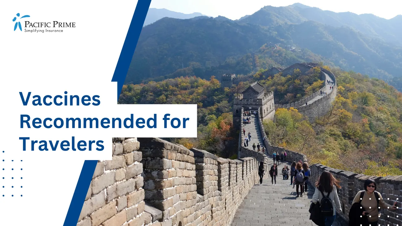 Image of tourists On The Great Wall Of China In Daylight with text overlay of "Vaccines Recommended for Travelers"