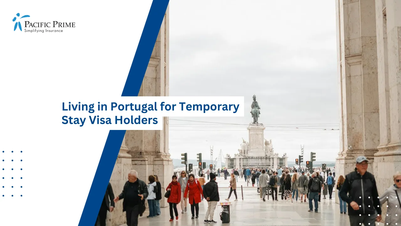Image of Tourists Walking At Praça Do Comércio Square In Lisbon, Portugal with text overlay of "Living in Portugal for Temporary Stay Visa Holders"