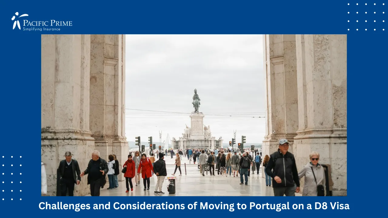 Image of Tourists Walking In Praça Do Comércio Square In Lisbon with text overlay of "Challenges and Considerations of Moving to Portugal on a D8 Visa"