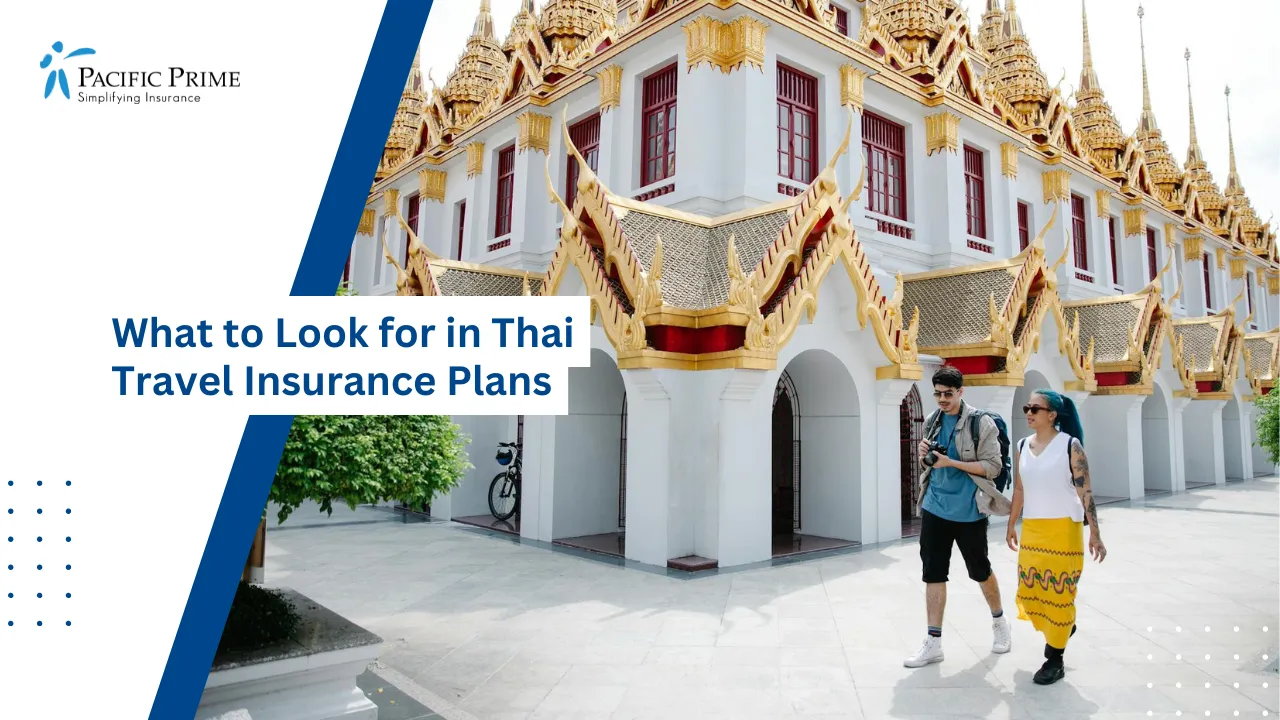 Image of Tourists Walking Near Golden Loha Prasat Temple In Bangkok with text overlay of "What to Look for in Thai Travel Insurance Plans"