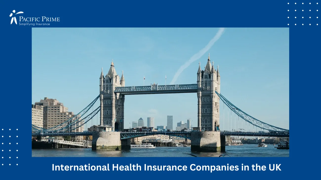 Image of Tower Bridge, A Stunning Landmark In London, England with text overlay of "International Health Insurance Companies in the UK"