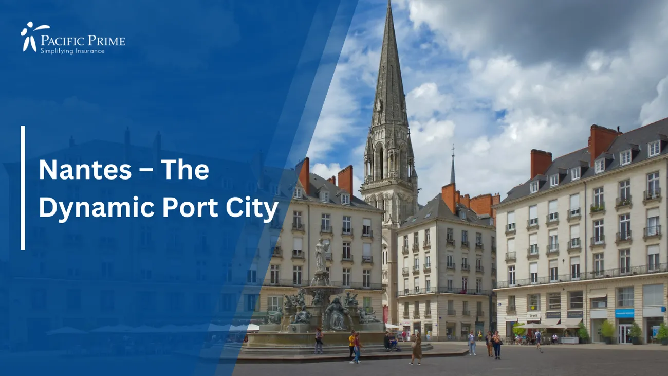 Image of Towered Building With Fountain At Place Royale, Nantes, France with text overlay of "Nantes – The Dynamic Port City"