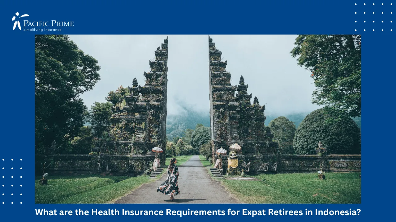 Image of Traditional Balinese Gateway Framed By Lush Tropical Greenery with text overlay of "What are the Health Insurance Requirements for Expat Retirees in Indonesia?"
