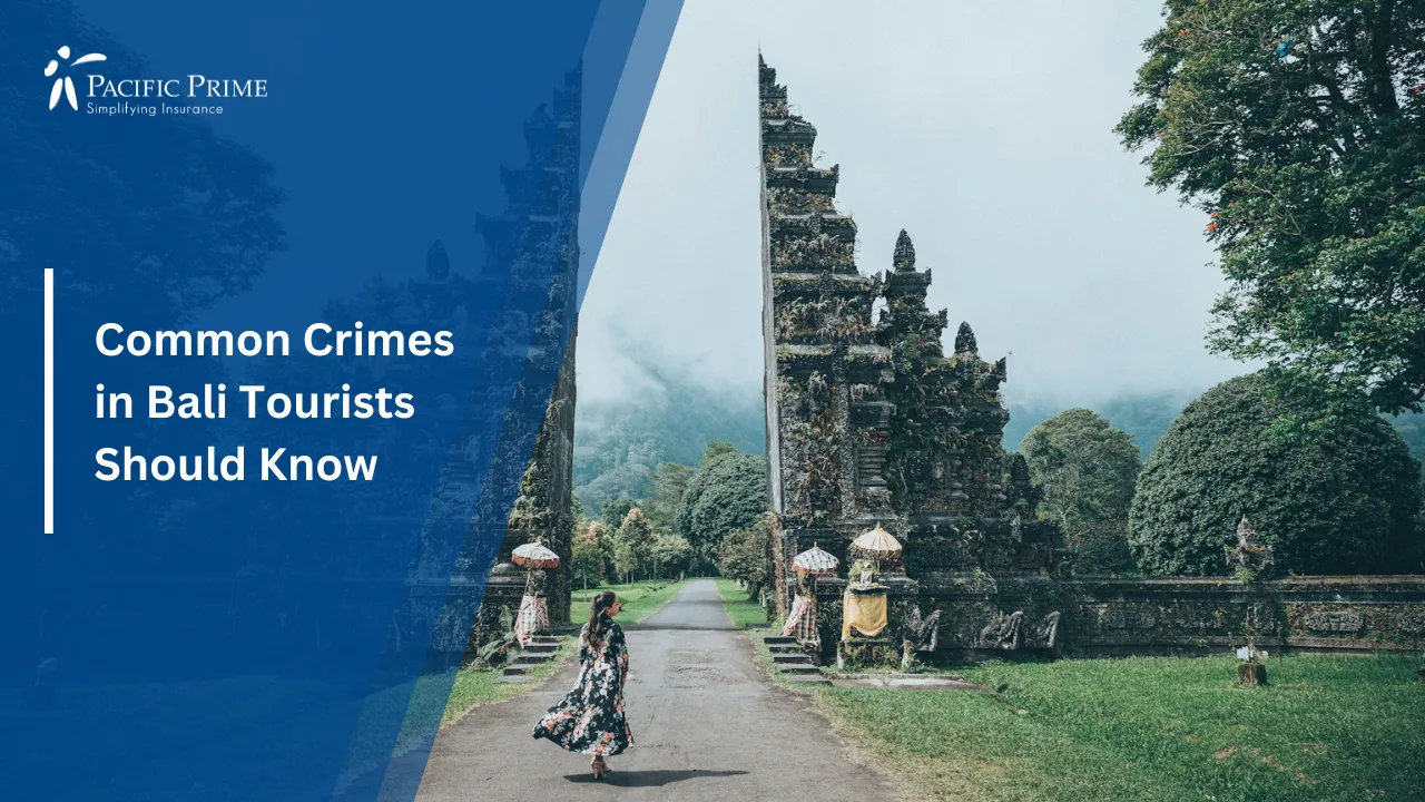 Image of Traditional Balinese Split Gate With Scenic Background In Bali, Indonesia with text overlay of "Common Crimes in Bali Tourists Should Know"