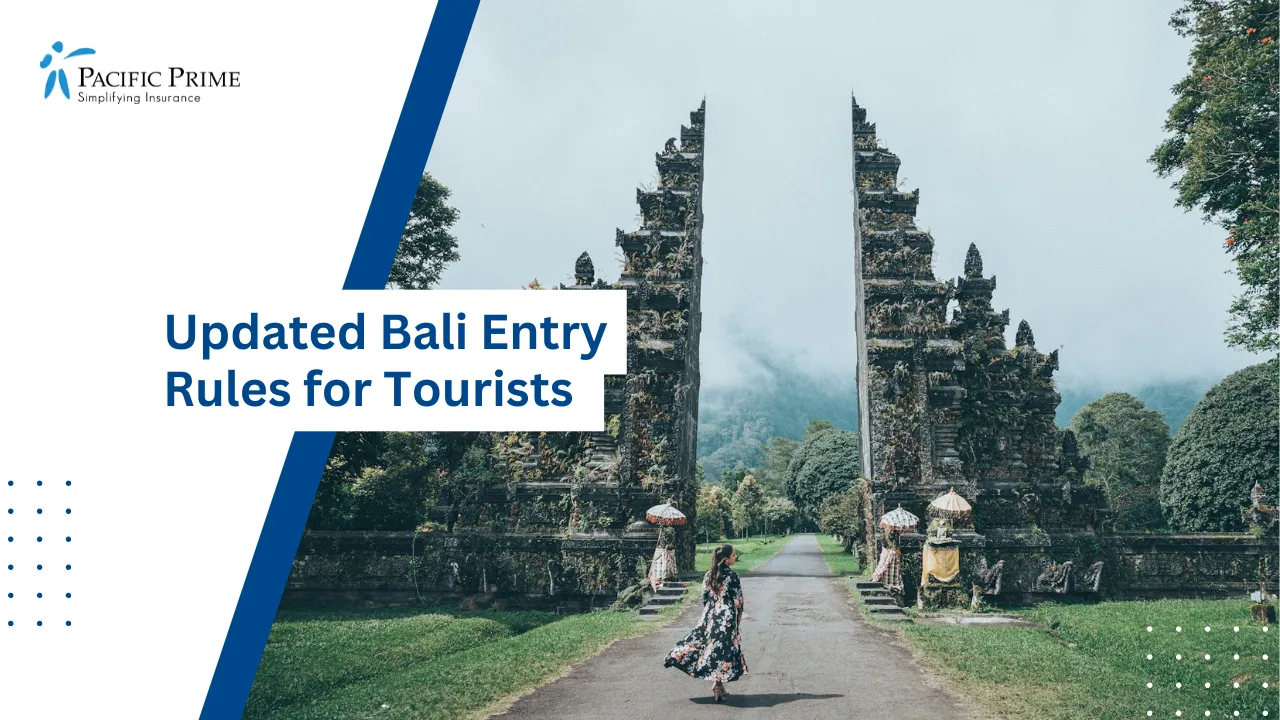 Image of Traditional Balinese Temple Gate With Stone Carvings In Indonesia with text overlay of "Updated Bali Entry Rules for Tourists"