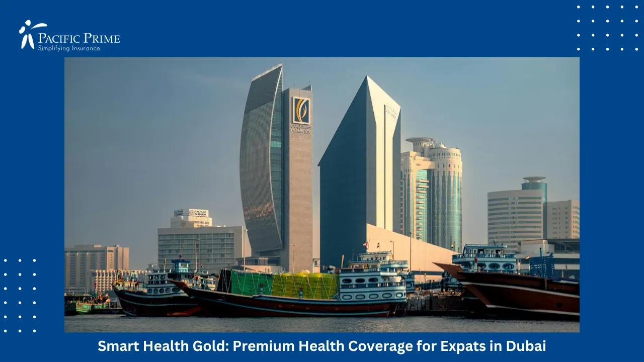 Image of Traditional Boats By Modern Waterfront Buildings In Dubai with text overlay of "Smart Health Gold: Premium Health Coverage for Expats in Dubai"