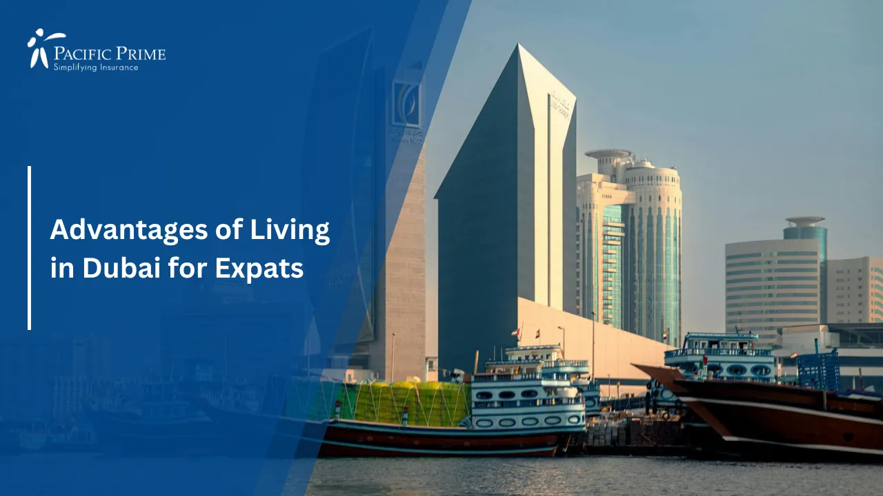 Image of Traditional Boats With Modern Skyline In Dubai with text overlay of "Advantages of Living in Dubai for Expats"