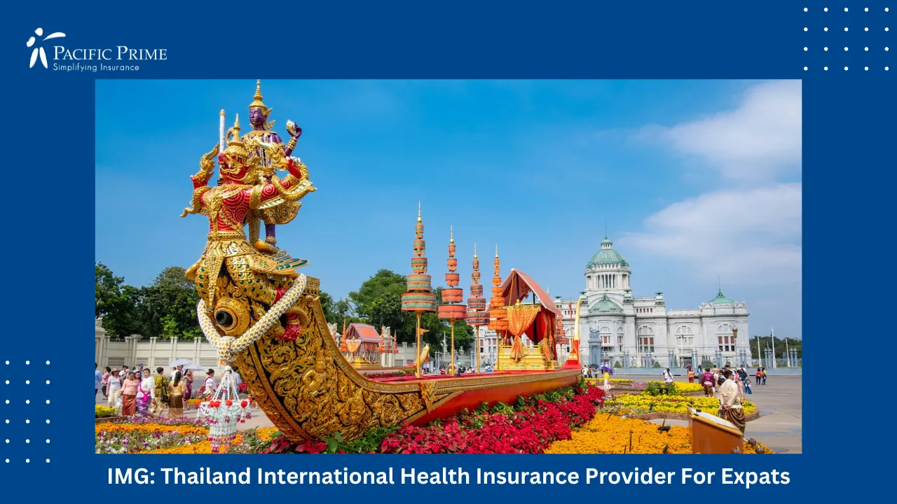 Image of Traditional Brown And Red Boat On River In Bangkok, Thailand with text overlay of "IMG: Thailand International Health Insurance Provider For Expats"