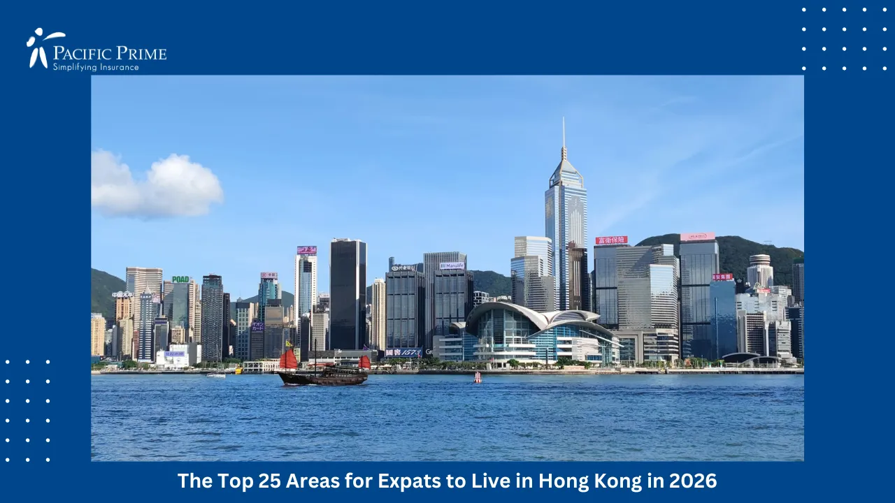 Image of Traditional Junk Boat Sailing Past WAN Chai’s Skyline In Victoria Harbour with text overlay of "The Top 25 Areas for Expats to Live in Hong Kong in 2026"