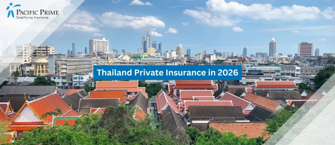 Image of Traditional Thai Rooftops Contrast With Bangkok’s Modern High-rises In Daylight with text overlay of "Thailand Private Insurance in 2026"