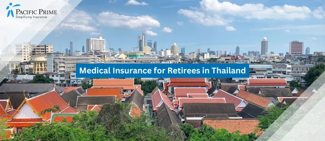 Image of Traditional Thai Rooftops Framed By Bangkok’s Modern Skyline with text overlay of "Medical Insurance for Retirees in Thailand"