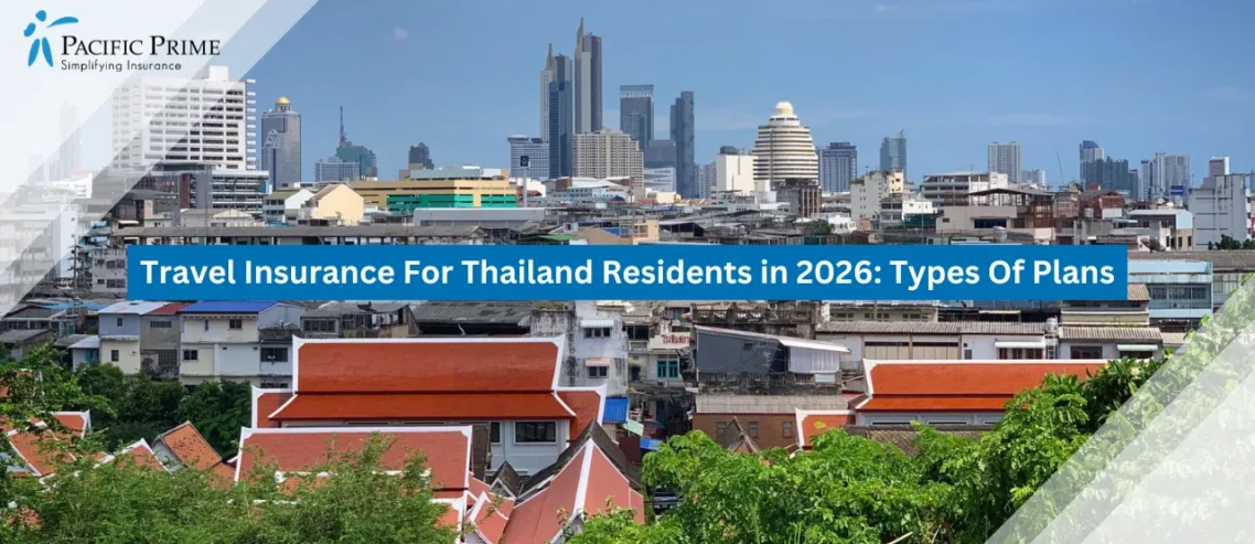 Image of Traditional Thai Rooftops Overlooking Bangkok’s Contemporary Skyline with text overlay of "Travel Insurance For Thailand Residents in 2026: Types Of Plans"