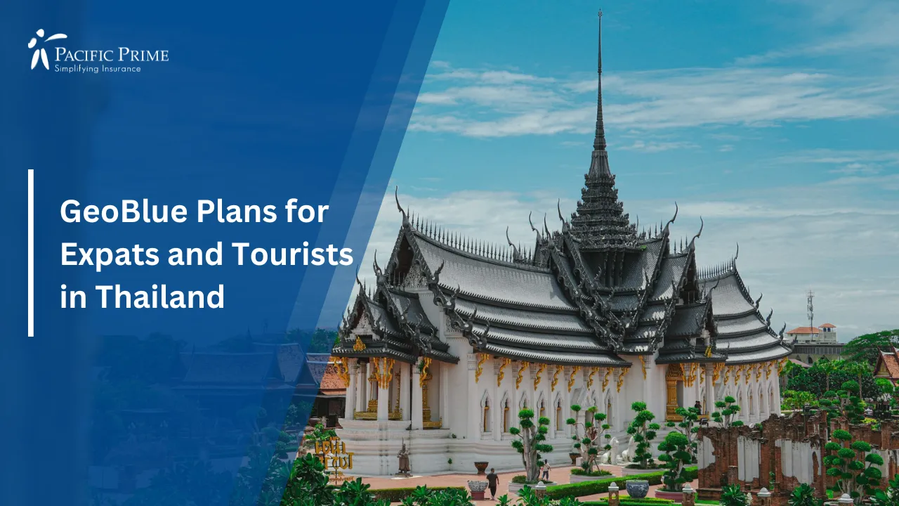 Image of Traditional Thai Temple With Black And Gold Roof Amid Lush Gardens with text overlay of "GeoBlue Plans for Expats and Tourists in Thailand"