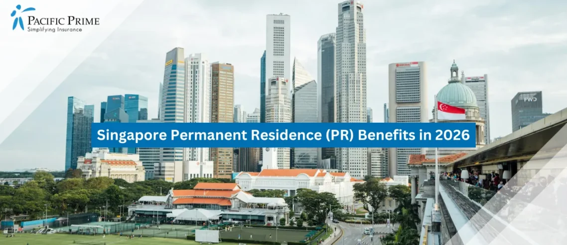 Image of Traffic Along City Streets With The Singapore Skyline In Daylight with text overlay of "Singapore Permanent Residence (PR) Benefits in 2026"