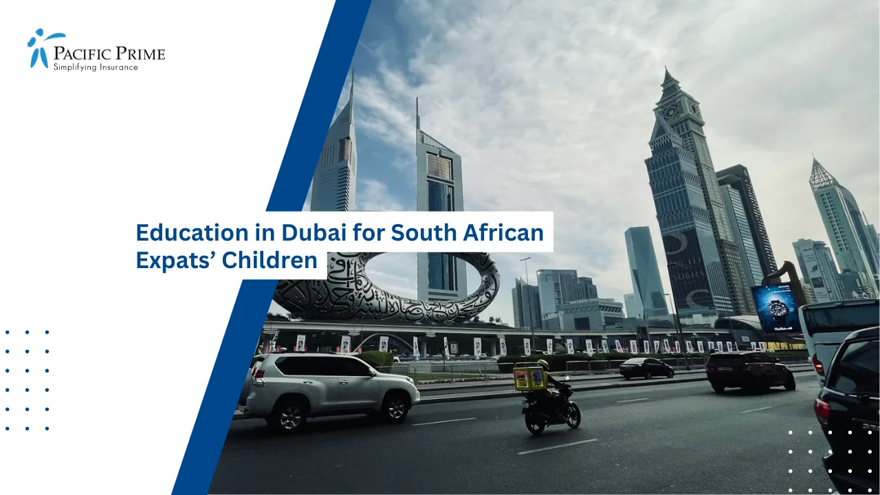 Image of Traffic On Sheikh Zayed Road Near The Museum Of The Future In Dubai with text overlay of "Education in Dubai for South African Expats’ Children"