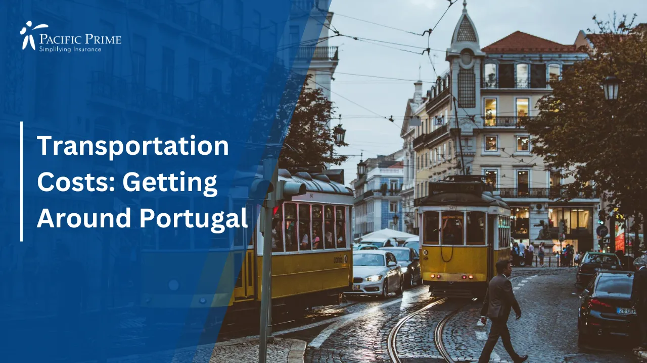 Image of Trams Moving Through Lisbon Streets At Dusk With People Around with text overlay of "Transportation Costs: Getting Around Portugal"
