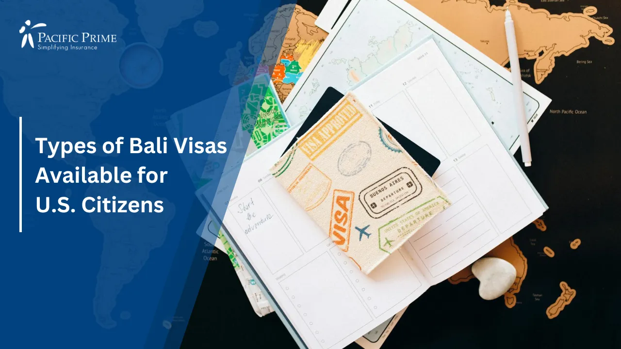 Image of Travel Essentials With Passport, Planner, And Compass On Map with text overlay of "Types of Bali Visas Available for U.S. Citizens"