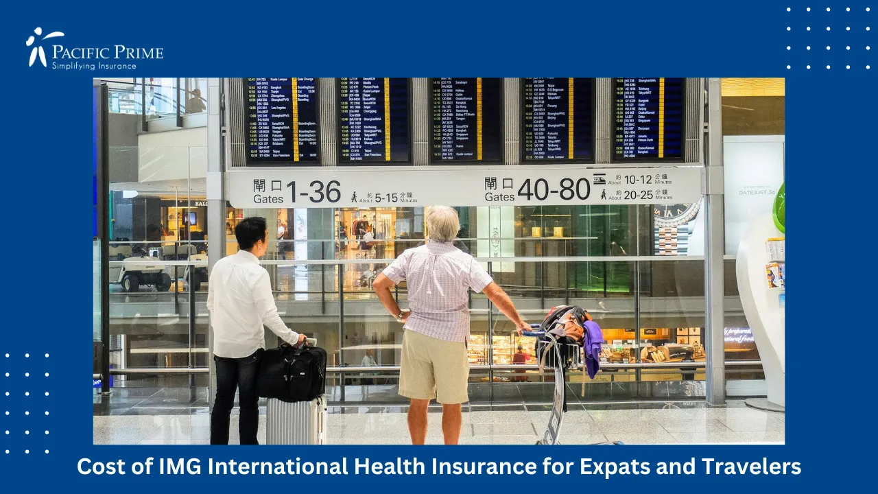 Image of Travelers Checking Departure Board At Airport Terminal with text overlay of "Cost of IMG International Health Insurance for Expats and Travelers"