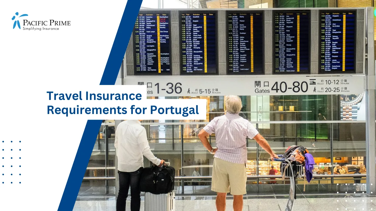 Image of Travelers Checking Flight Information At Airport Departure Board with text overlay of "The Best Travel Insurance Providers in Portugal"