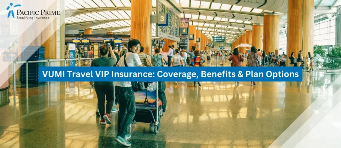 Image of Travelers Gathered Inside A Modern Singapore Airport Terminal Awaiting Departures with text overlay of "VUMI Travel VIP Insurance: Coverage, Benefits & Plan Options"