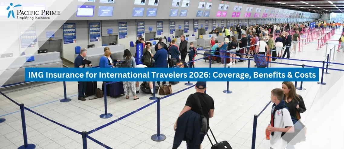 Image of Travelers Seated In Airport Waiting Area Near Security Checkpoint Queue with text overlay of "IMG Insurance for International Travelers 2026: Coverage, Benefits & Costs"