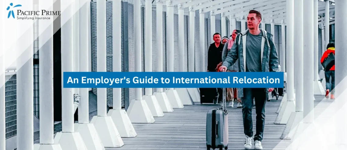 Image of Travelers Walking Through A Modern Airport Terminal Walkway with text overlay of "An Employer's Guide to International Relocation"