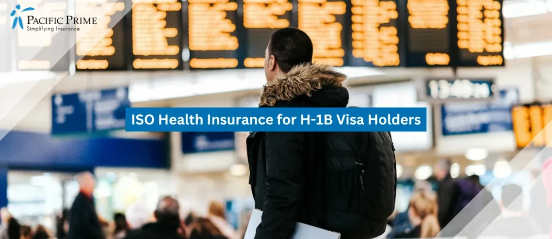 Image of Traveller Checking Flight Information On An Airport Departure Board with text overlay of "ISO Health Insurance for H-1B Visa Holders"