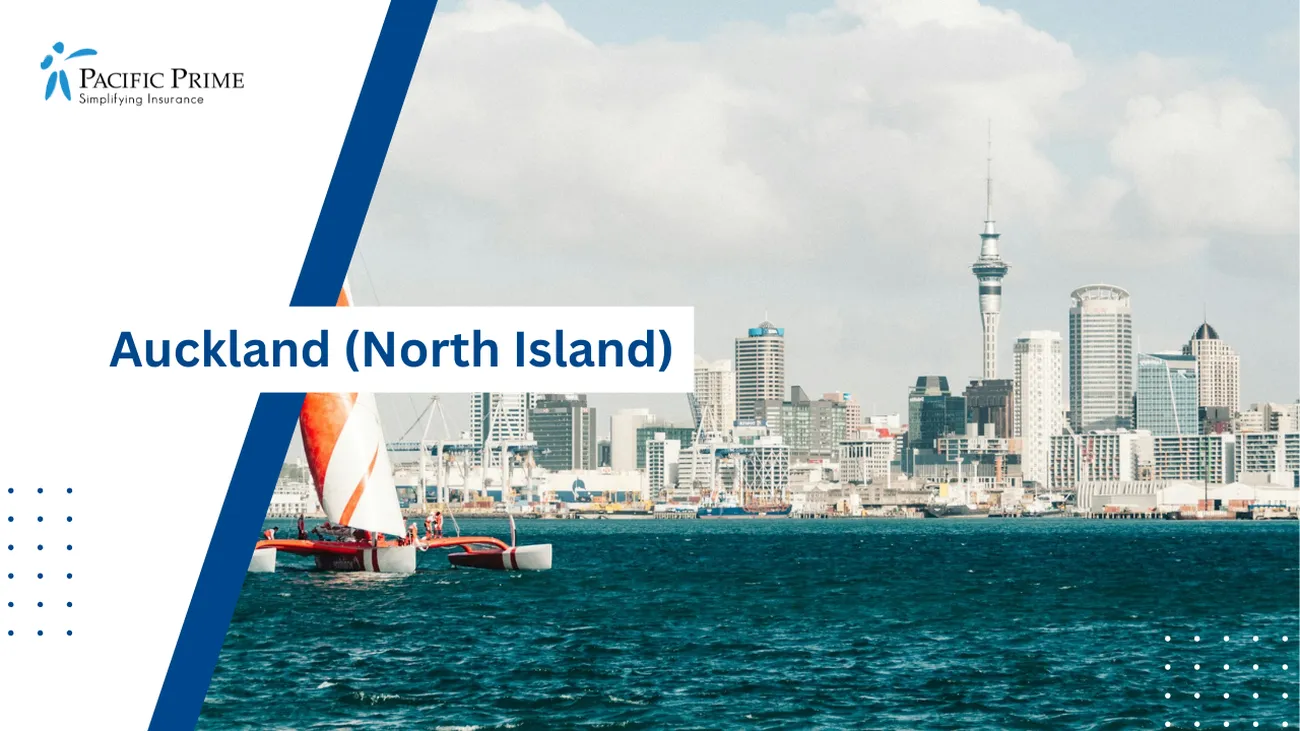 Image of Trimaran Sailing On Hauraki Gulf With Auckland CBD Skyline In View with text overlay of "Auckland (North Island)"