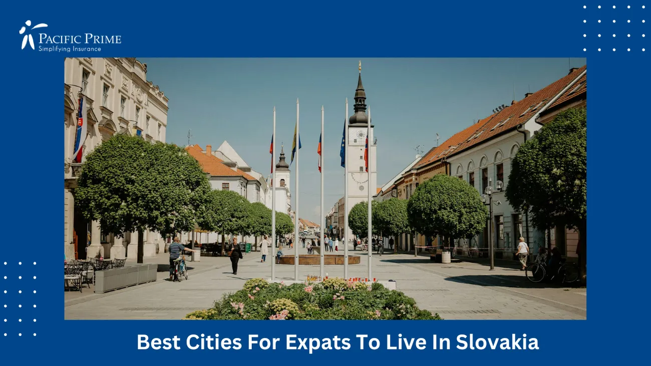 Image of Trnava Square Street In May With Buildings And Trees, Slovakia with text overlay of "Best Cities For Expats To Live In Slovakia"