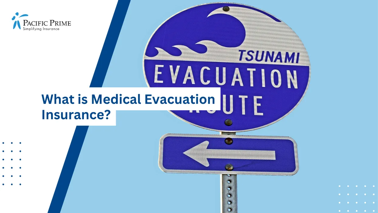 Image of Tsunami Evacuation Sign With Directional Arrow Guiding Toward Safe Zone with text overlay of "What is Medical Evacuation Insurance?"